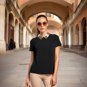 TRINA TURK Womens Top L Black Gold Embellished Pointed Flat Collar Short Sleeve